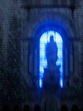 Closeup of the Church of the Blue Neon Christ